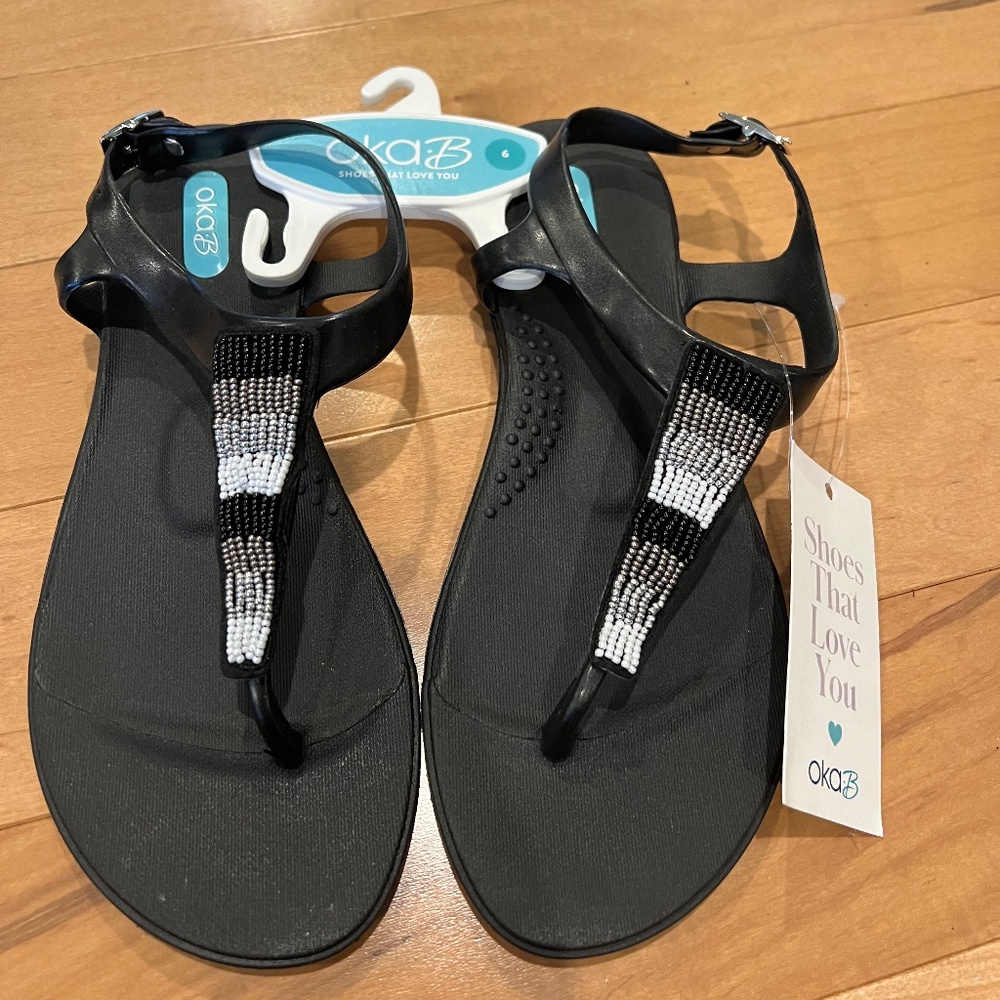 New with tag. Oka-B Bri Licorice Black Beaded Strand T-Strap Sandals